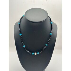 Southwestern Black Onyx & Turquoise Sterling Silver Beaded Necklace